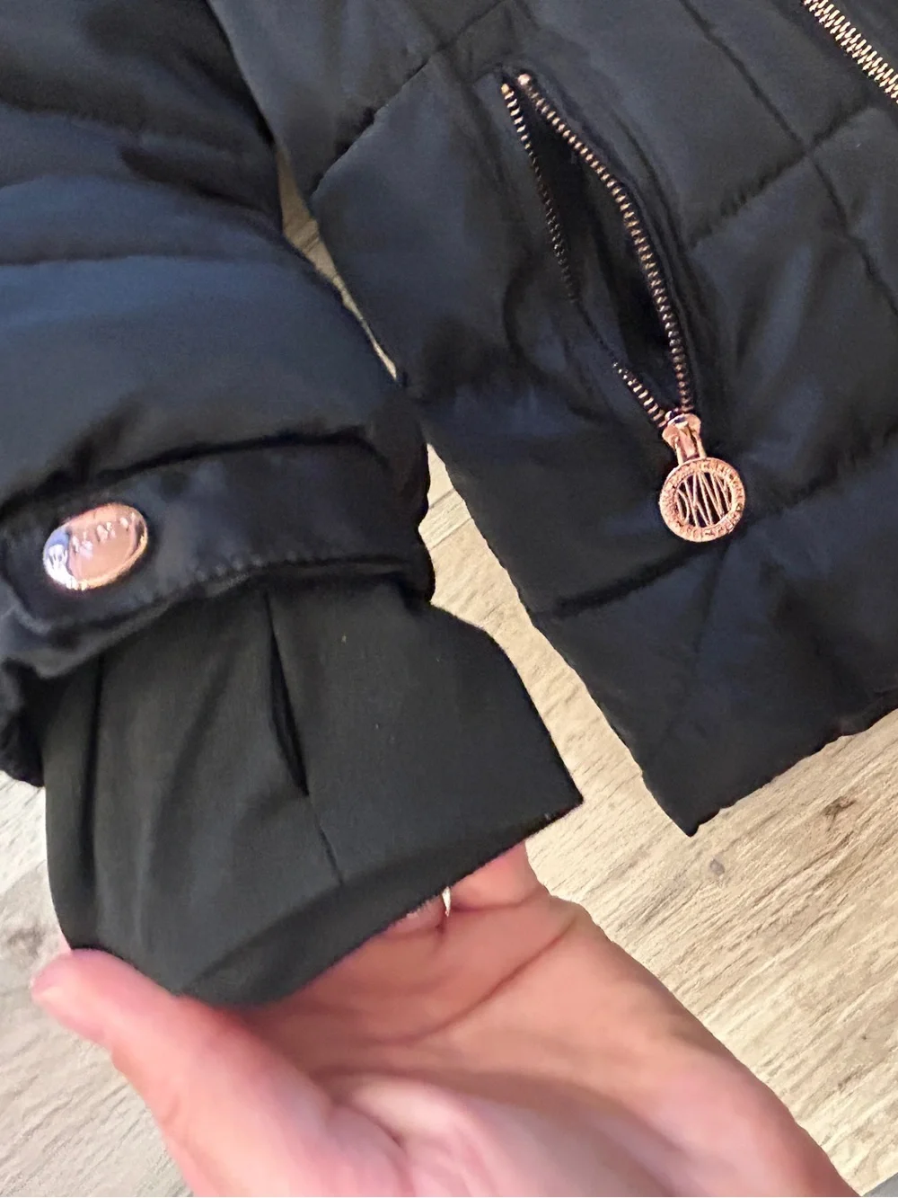 DKNY Black Kids Puffer Jacket with Faux Fur Trim Hood